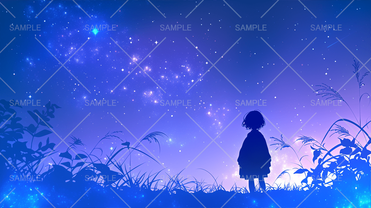 青紫の星空にたたずむ1人の少女イラスト(差分あり)