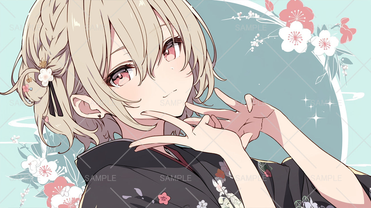 パステルグリーン背景の着物の女の子フリーイラスト