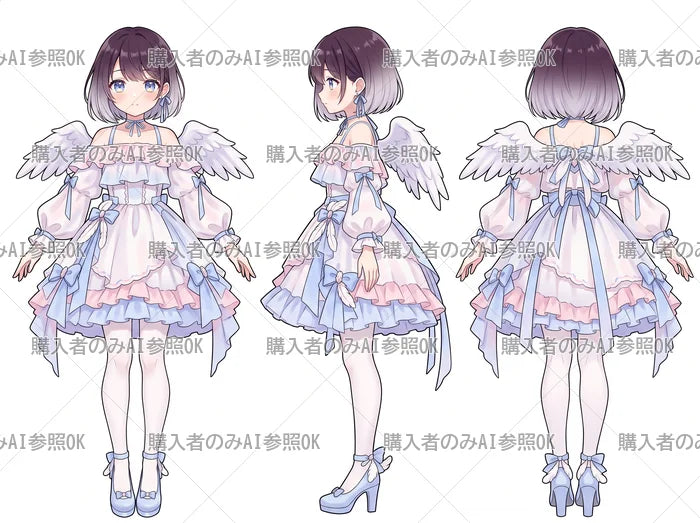 【有料】女の子 立ち絵 パステル天使ちゃん(三面図/購入者のみAI参照OK)