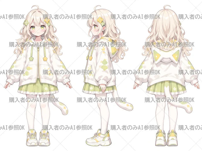 【有料】女の子 立ち絵 ねこパーカーちゃん(三面図/購入者のみAI参照OK)