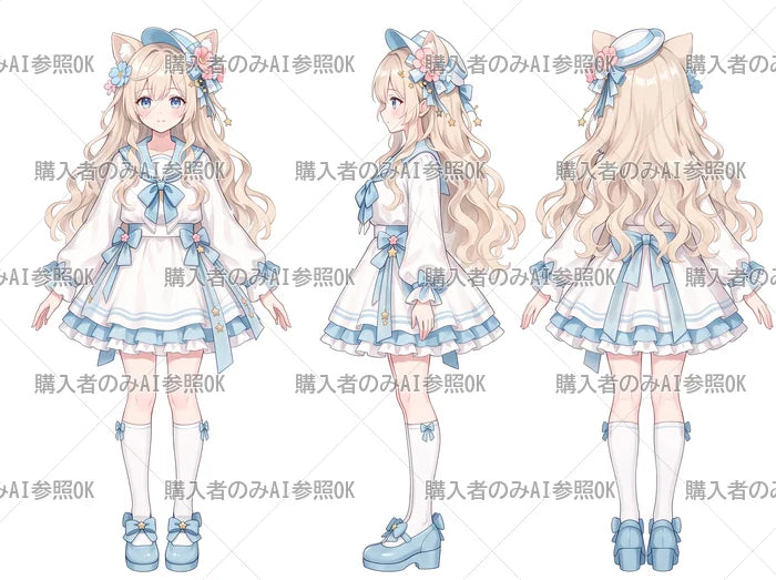 【有料】女の子 立ち絵 猫耳マリンちゃん(三面図/購入者のみAI参照OK)