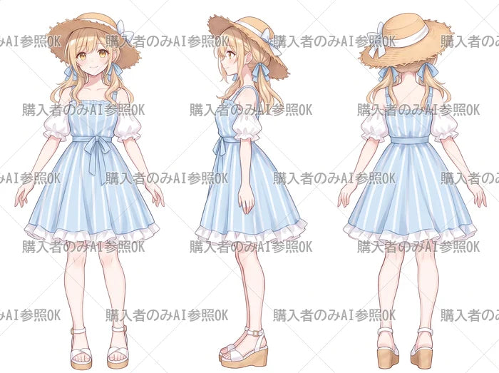 【有料】女の子 立ち絵 麦わら帽子ちゃん(三面図/購入者のみAI参照OK)