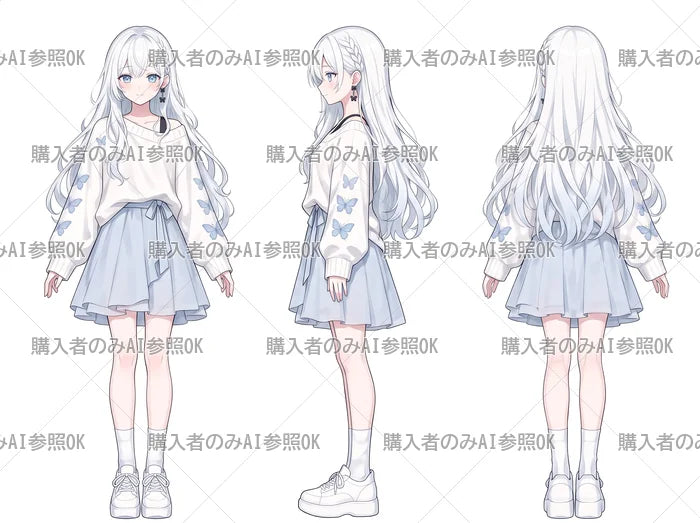 【有料】女の子 立ち絵 蝶々ニットちゃん(三面図/購入者のみAI参照OK)