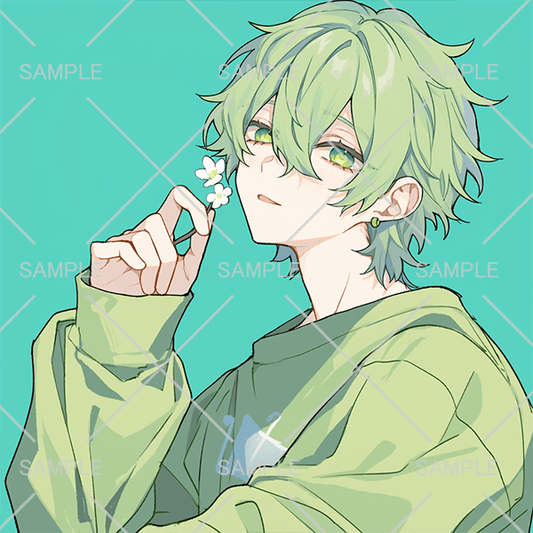 一輪の花と黄緑色の少年フリーアイコン