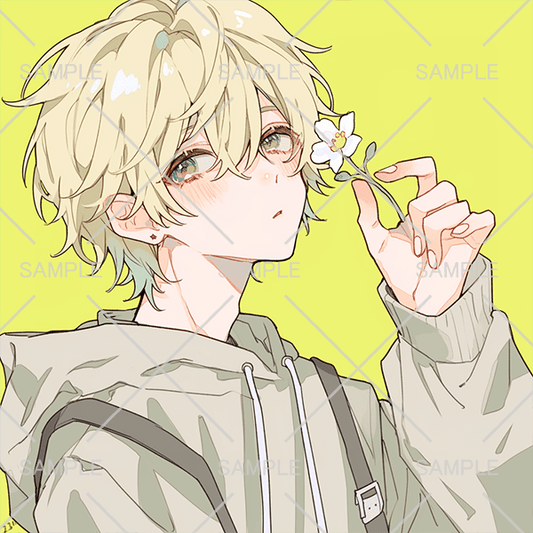 一輪の花と金髪のやさしい男の子フリーアイコン