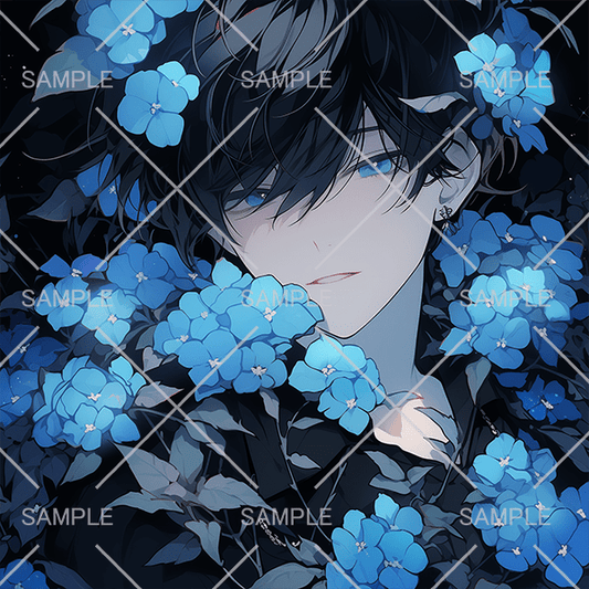 青い紫陽花と妖艶な青年フリーアイコン