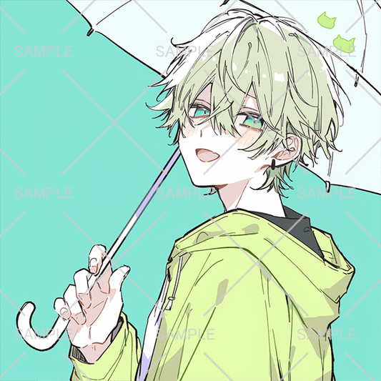 傘をさす緑髪の優しい青年フリーアイコン