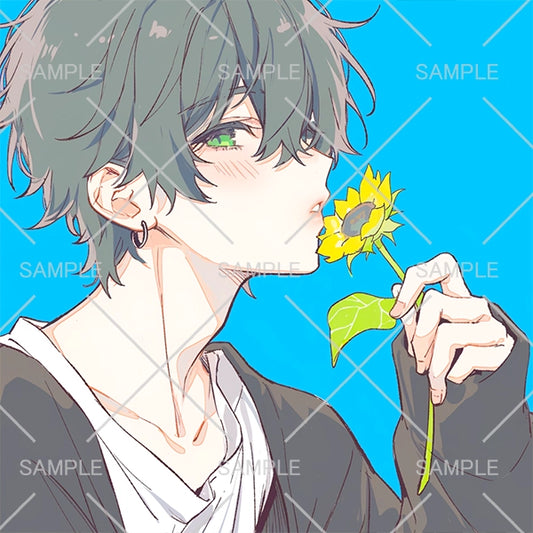 向日葵と黒髪の少年フリーアイコン