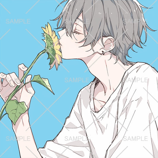 ひまわりにキスする男の子フリーアイコン