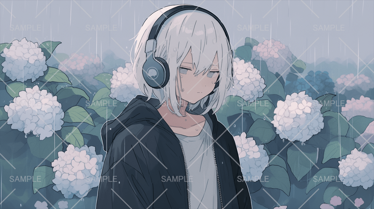 モノクロの紫陽花とヘッドホン男子フリーイラスト