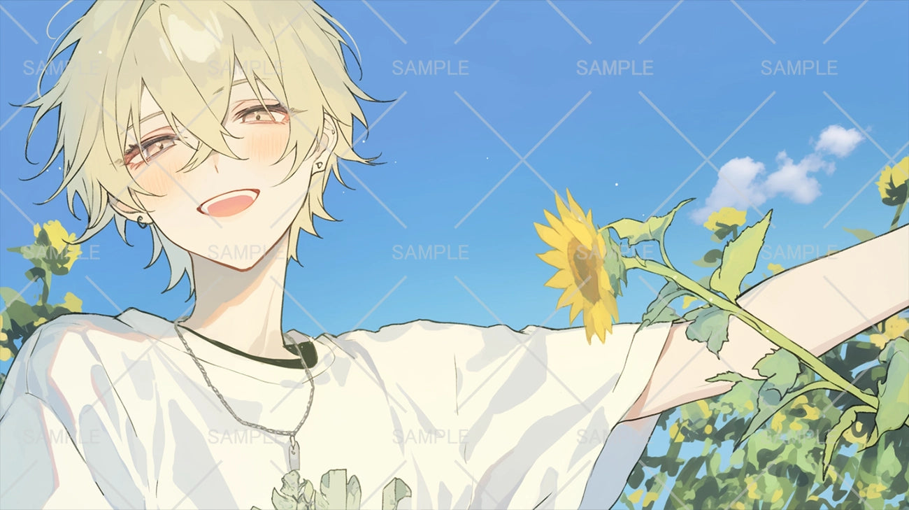 ひまわり畑と中性金髪っこフリーイラスト