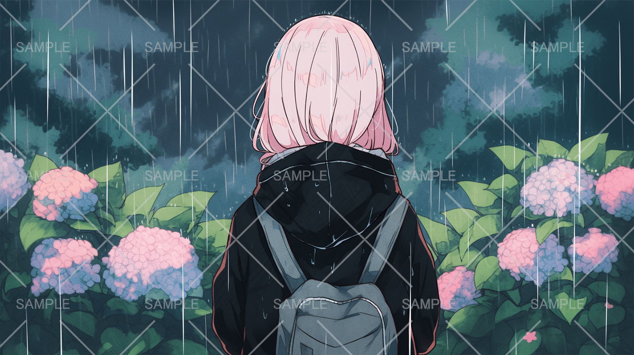 夜の紫陽花と女の子の後ろ姿フリーイラスト