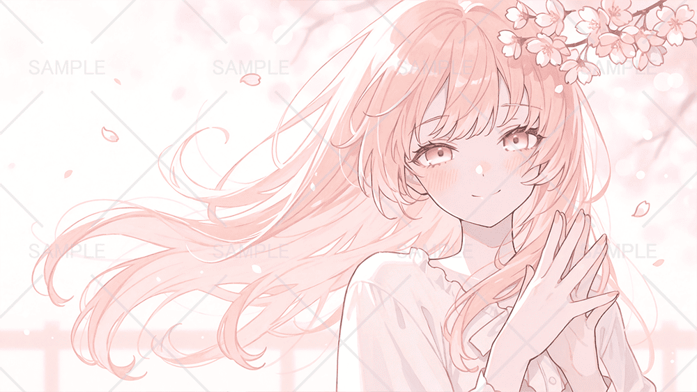 桜とピンク髪の女の子フリーイラスト