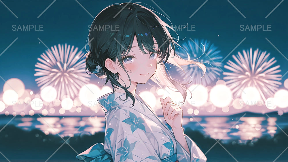 夏祭り、花火と彼女と。フリーイラスト
