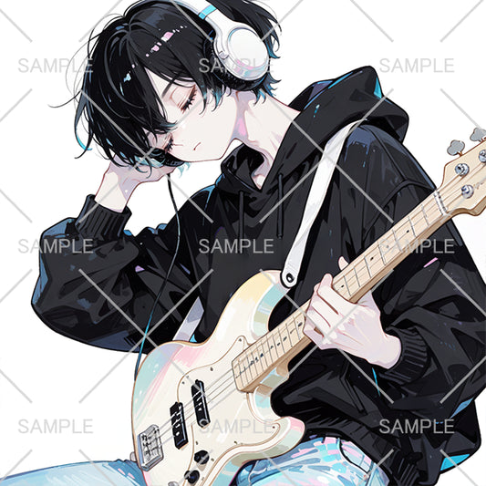 ギターを持った黒髪フード男子フリーアイコン