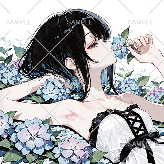 紫陽花と黒髪の美少女の横顔フリーアイコン