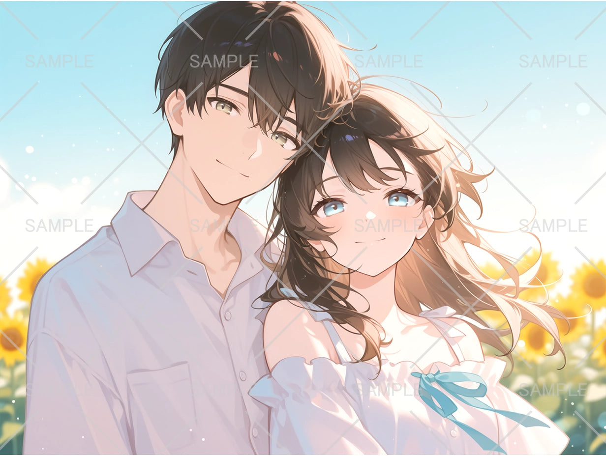 ひまわり畑を背景にした夏のカップルアイコン