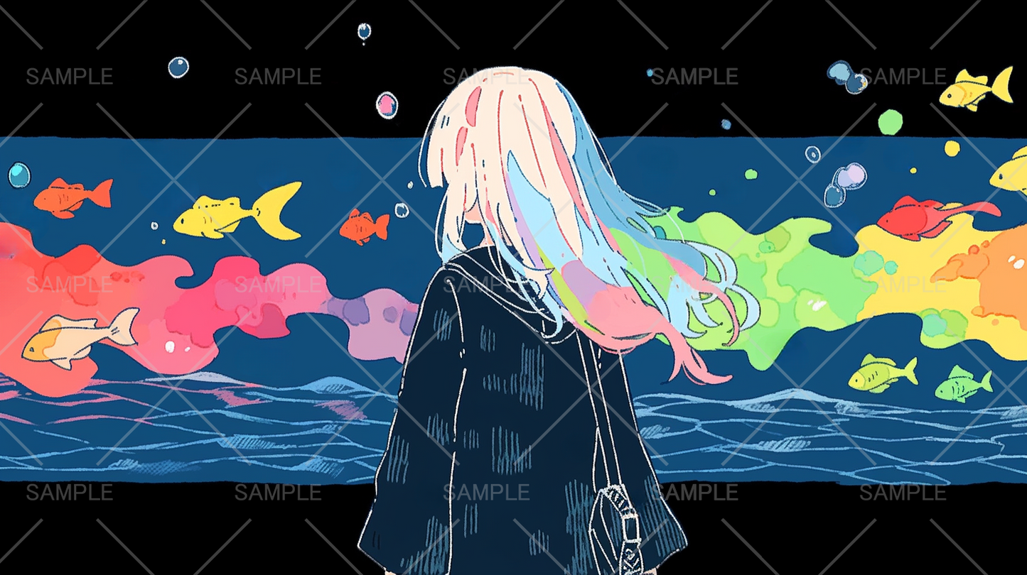 深夜の水族館にいる少女イラスト