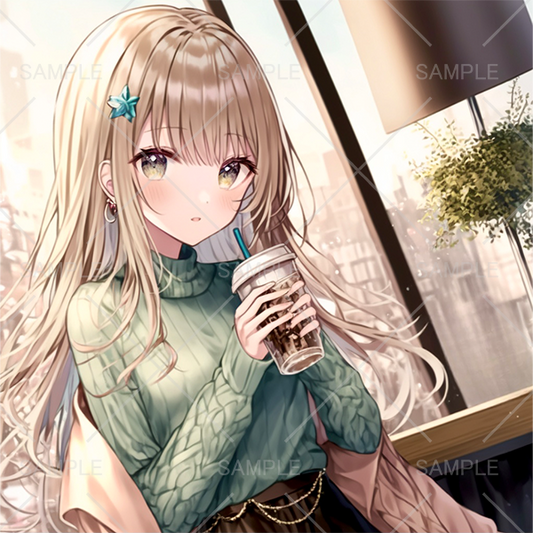 カフェで飲み物を飲む女の子イラスト