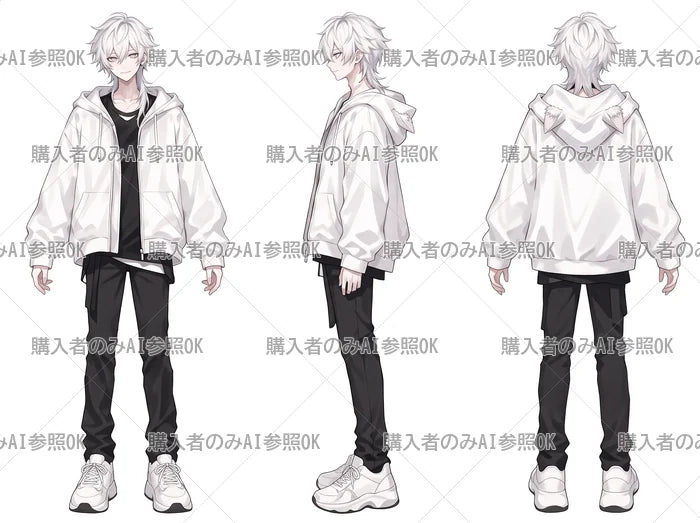 【有料】男の子 立ち絵 白パーカーくん（三面図/購入者のみAI参照OK）