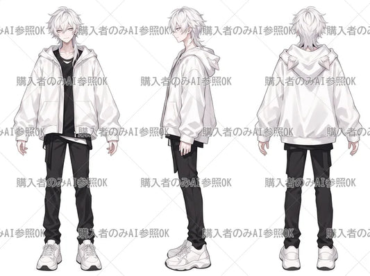 【有料】男の子 立ち絵 白パーカーくん（三面図/購入者のみAI参照OK）