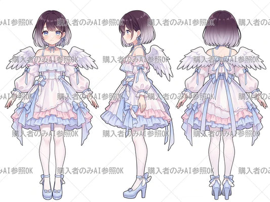 【有料】女の子 立ち絵 パステル天使ちゃん（三面図/購入者のみAI参照OK）