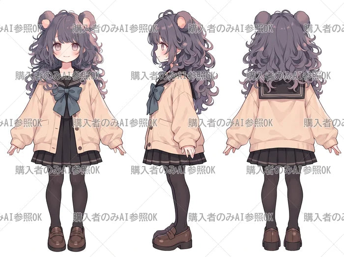 【有料】女の子 立ち絵 くま耳セーラーちゃん（三面図/購入者のみAI参照OK）