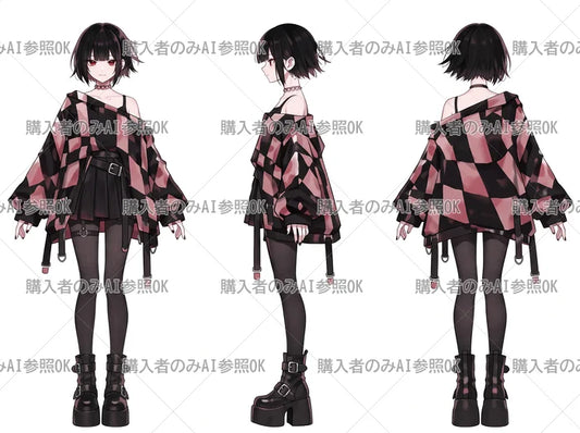【有料】女の子 立ち絵 チェック柄パンクちゃん（三面図/購入者のみAI参照OK）