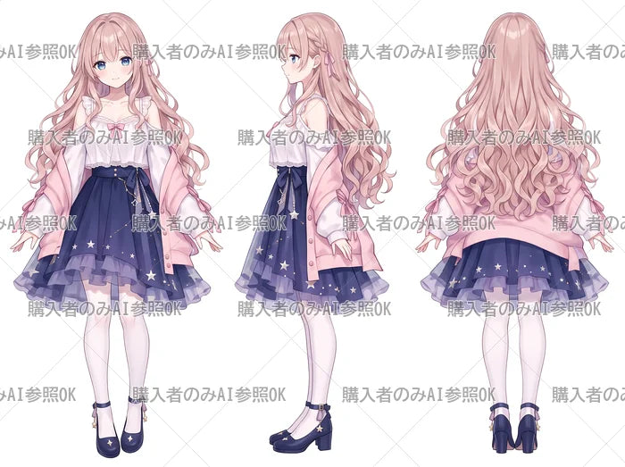 【有料】女の子 立ち絵 星空スカートちゃん（三面図/購入者のみAI参照OK）