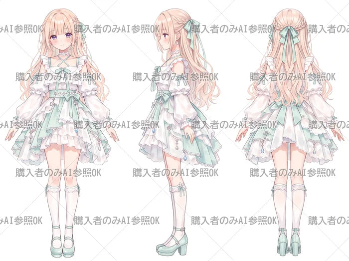 【有料】女の子 立ち絵 ミントフリルちゃん（三面図/購入者のみAI参照OK）