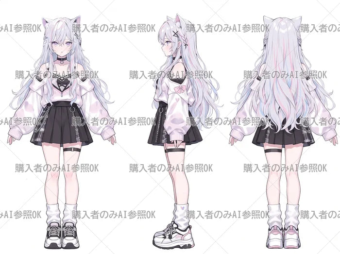 【有料】女の子 立ち絵 ゆめかわ猫耳ちゃん（三面図/購入者のみAI参照OK）