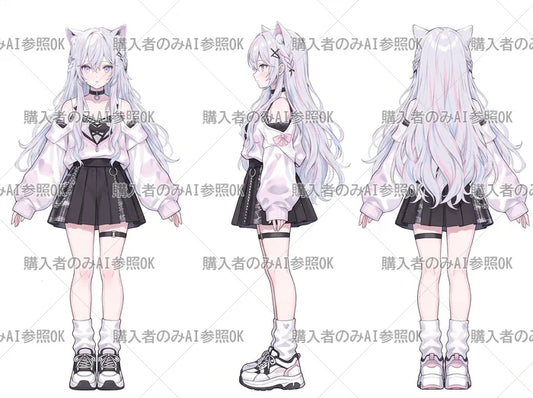 【有料】女の子 立ち絵 ゆめかわ猫耳ちゃん（三面図/購入者のみAI参照OK）