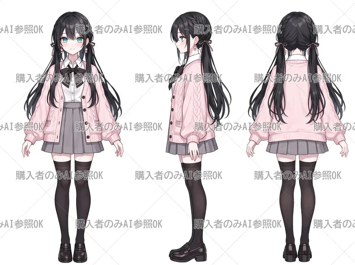 【有料】女の子 立ち絵 おさげカーディガンちゃん（三面図/購入者のみAI参照OK）
