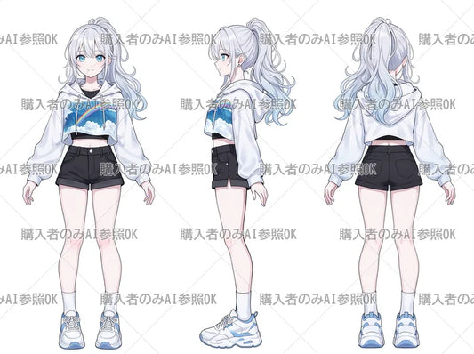 【有料】女の子 立ち絵 虹パーカーちゃん（三面図/購入者のみAI参照OK）