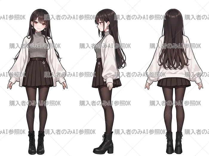 【有料】女の子 立ち絵 ニットコーデちゃん（三面図/購入者のみAI参照OK）