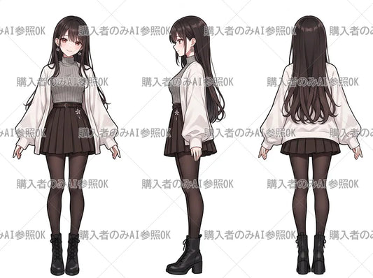 【有料】女の子 立ち絵 ニットコーデちゃん（三面図/購入者のみAI参照OK）