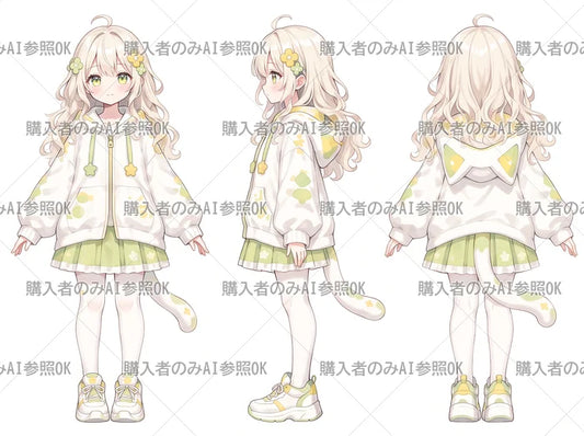 【有料】女の子 立ち絵 ねこパーカーちゃん（三面図/購入者のみAI参照OK）