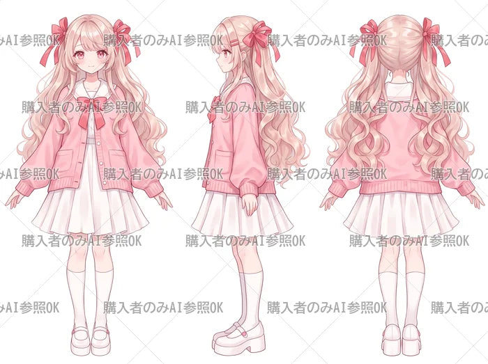 【有料】女の子 立ち絵 赤リボンちゃん（三面図/購入者のみAI参照OK）