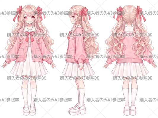 【有料】女の子 立ち絵 赤リボンちゃん（三面図/購入者のみAI参照OK）