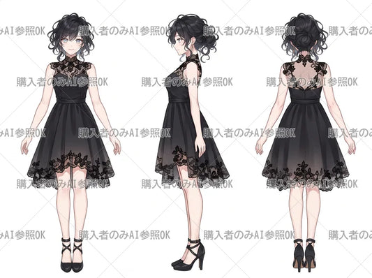 【有料】女性 立ち絵 黒レースドレスさん（三面図/購入者のみAI参照OK）