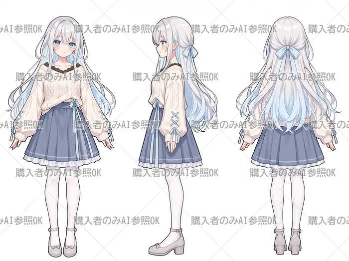 【有料】女の子 立ち絵 銀髪リボンニットちゃん（三面図/購入者のみAI参照OK）