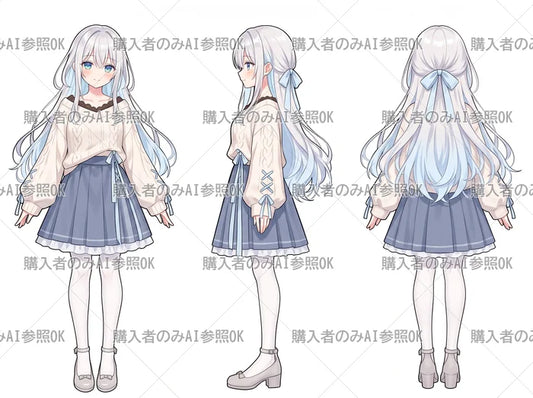 【有料】女の子 立ち絵 銀髪リボンニットちゃん（三面図/購入者のみAI参照OK）