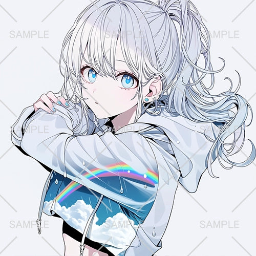 雨上がりの銀髪ポニーテール少女のフリーアイコン