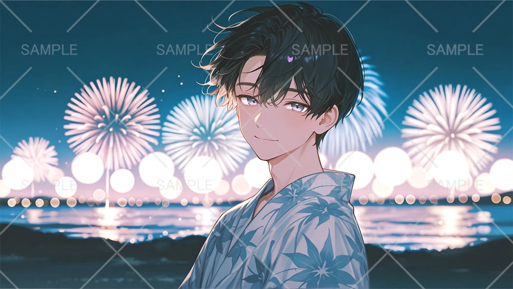 夏祭り、花火と彼と。フリーイラスト
