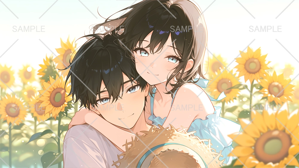 向日葵を背景にした男女のフリーイラスト