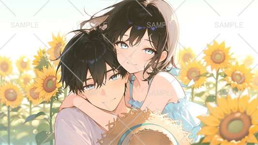 向日葵を背景にした男女のフリーイラスト