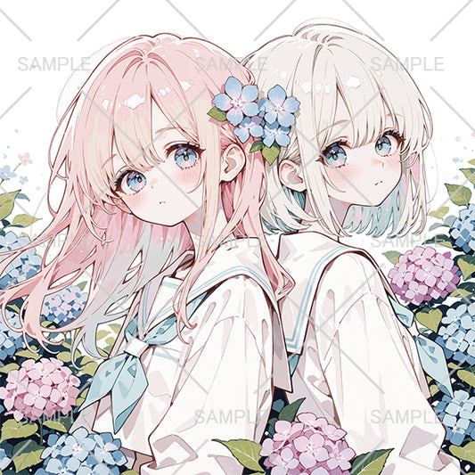 紫陽花とセーラー服のかわいい女の子ペアアイコン