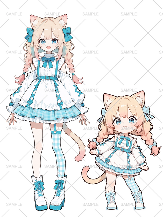 女の子 立ち絵 三つ編みネコちゃん（IRIAM動作確認済み/ちびキャラ付き）