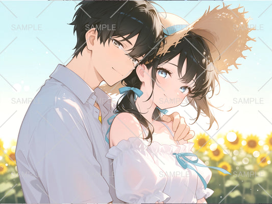 向日葵と麦わら帽子をかぶった彼女とペアアイコン