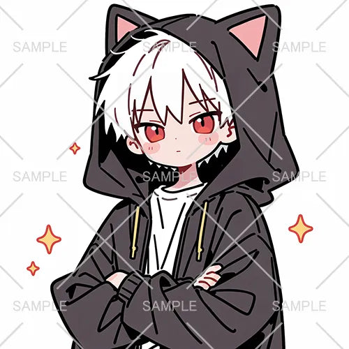 白髪赤目の黒フード男子フリーアイコン